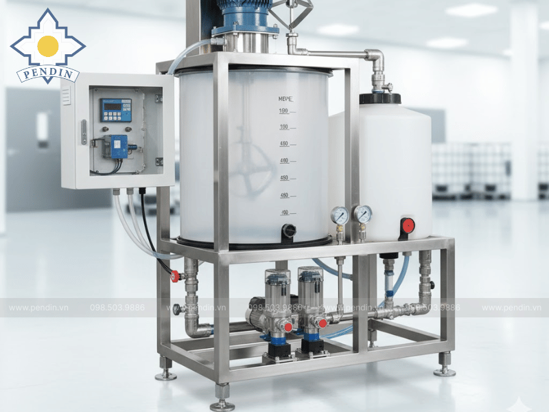 Hình ảnh tổng quan hệ thống Skid định lượng hóa chất