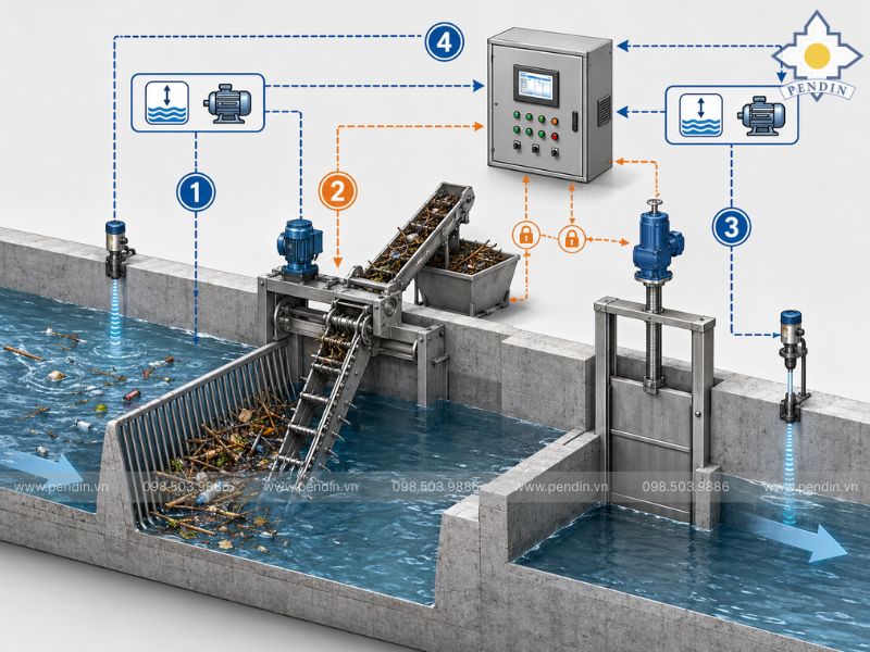 Sơ đồ điều khiển cửa phai và máy vớt rác
