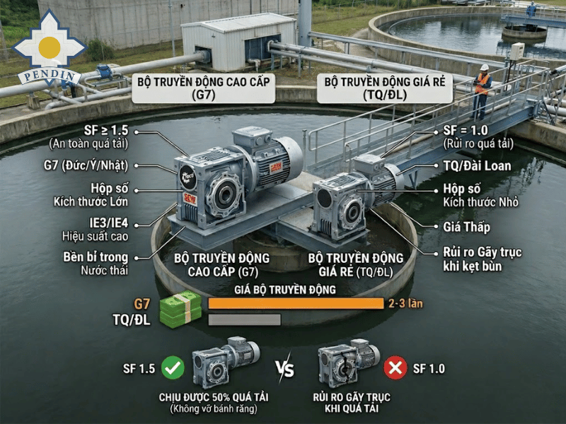 Bộ truyền động cầu cào trung tâm Pendin tiêu chuẩn hệ số an toàn SF ≥ 1.5