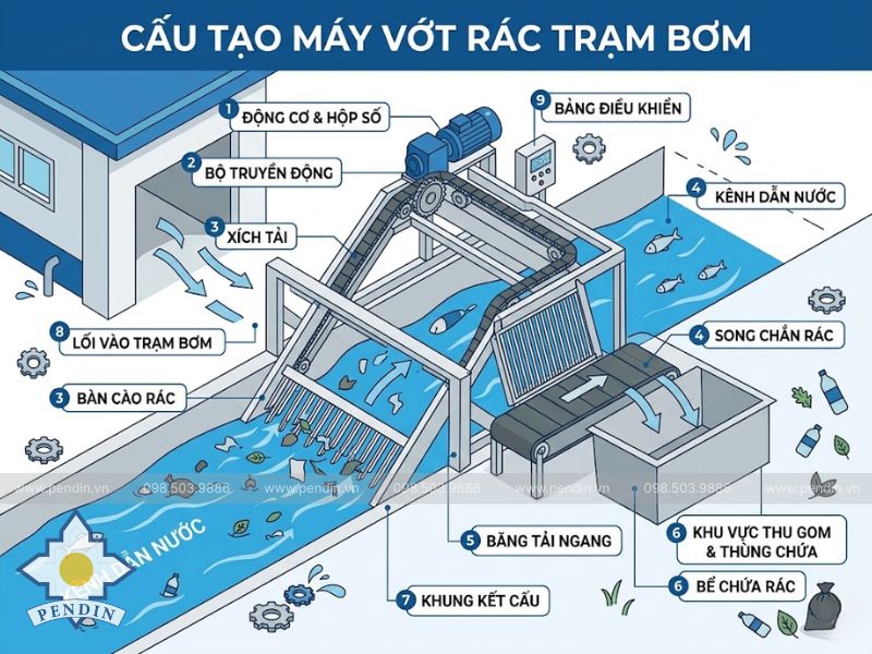 Cấu Tạo Máy Vớt Rác Trạm Bơm