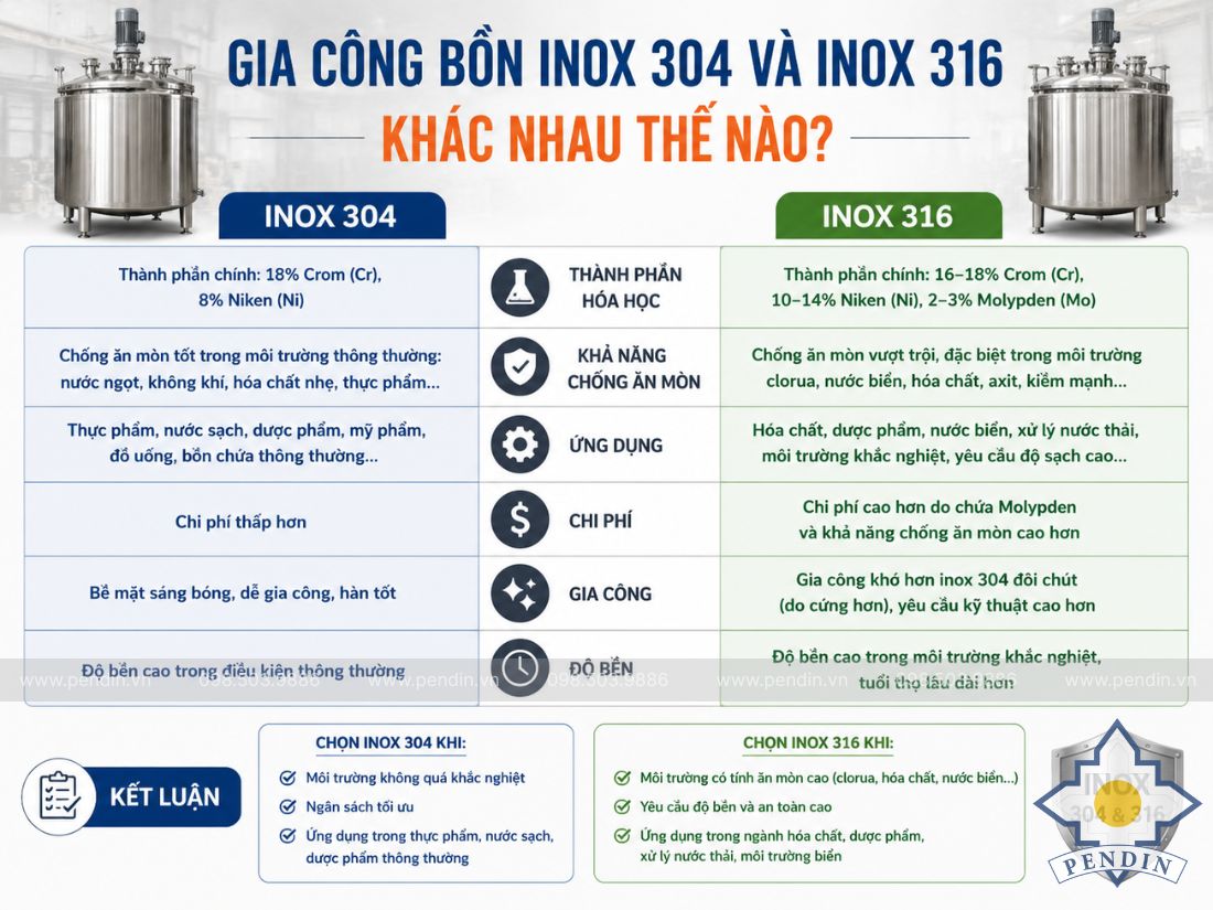 Gia công bồn inox 304 và inox 316 khác nhau thế nào
