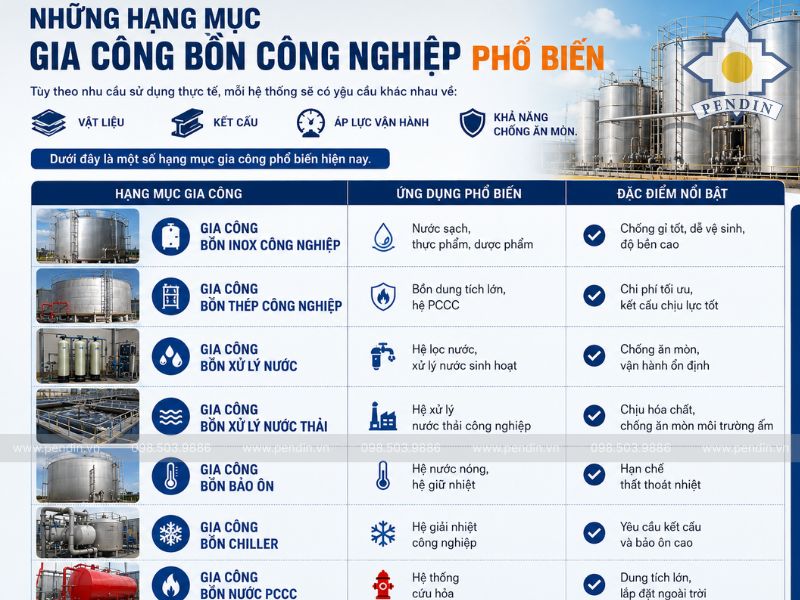 Những hạng mục gia công bồn công nghiệp Đồng Nai phổ biến