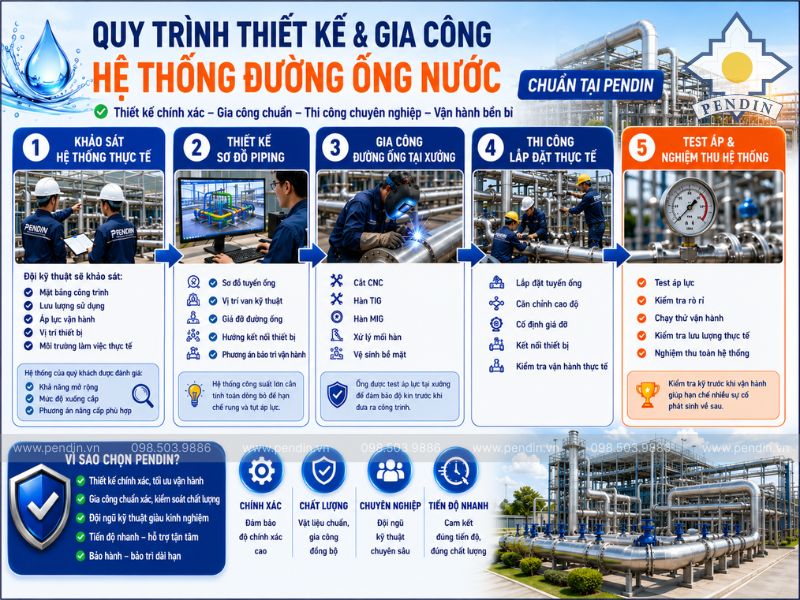 Quy trình thiết kế & gia công hệ thống đường ống nước chuẩn tại Pendin