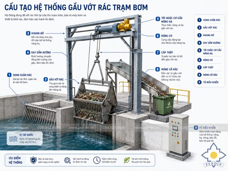 cấu tạo hệ thống gầu vớt rác trạm bơm