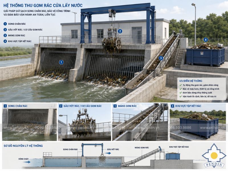 hệ thống thu gom rác cửa lấy nước