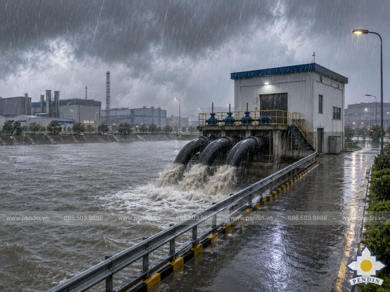 Hồ điều hòa và trạm bơm trong thời điểm mưa lớn