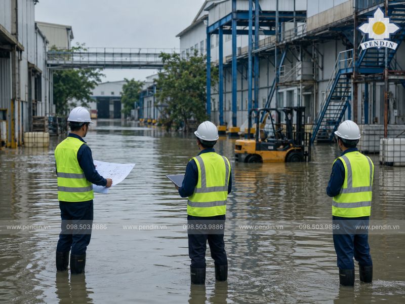 Kỹ thuật viên khảo sát tổng thể khu công nghiệp bị ngập