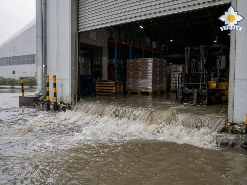 Nước tràn qua cửa cuốn hoặc dock xuất nhập hàng