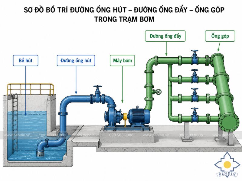 Sơ đồ đường ống hút – đường ống đẩy – ống góp