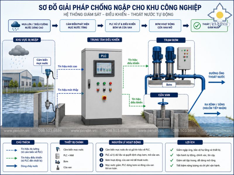 Sơ đồ giải pháp tổng thể gồm cảm biến, PLC, bơm và cửa van