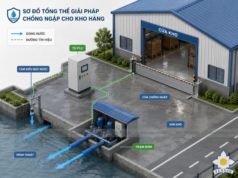 Sơ đồ tổng thể gồm cảm biến, tủ PLC, bơm và cửa chống ngập