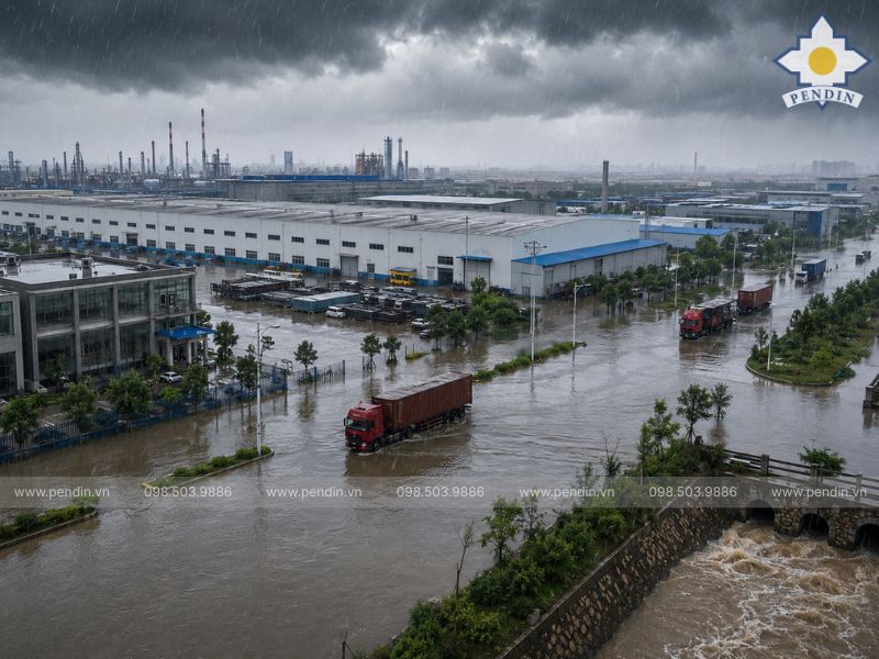 khu công nghiệp hoặc nhà máy bị ngập khi mưa lớn