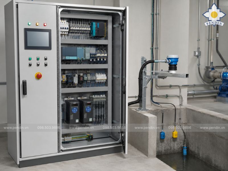 tủ điều khiển và cảm biến mực nước