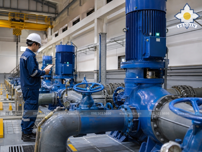 Kỹ thuật viên kiểm tra trạm bơm chống ngập