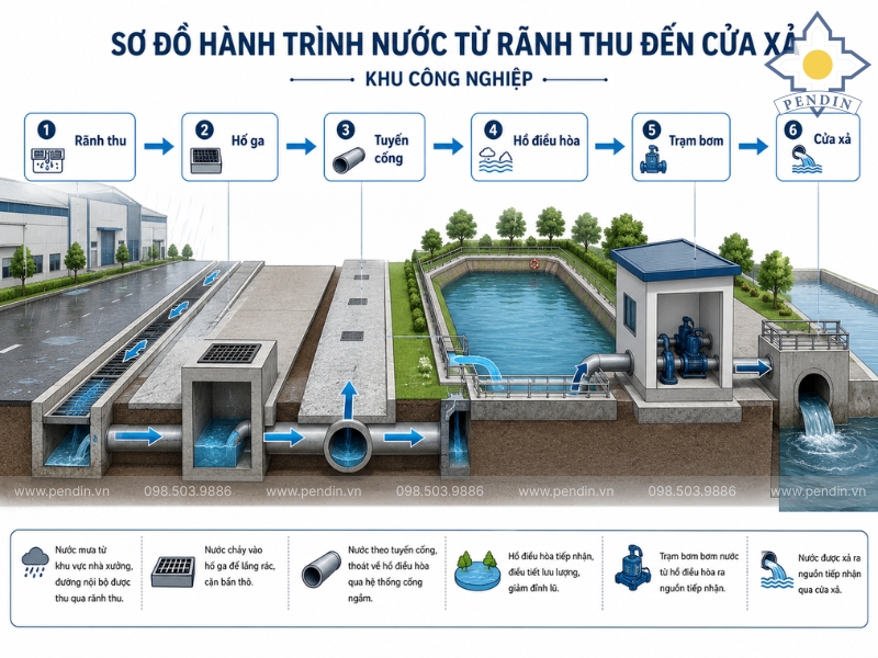 Sơ đồ hành trình nước từ rãnh thu đến cửa xả