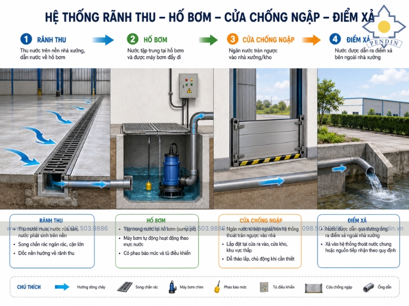 Sơ đồ kết hợp rãnh thu – hố bơm – cửa chống ngập – điểm xả