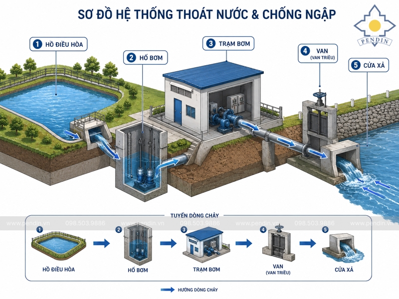 Sơ đồ tổng thể hồ điều hòa – hố bơm – van – cửa xả