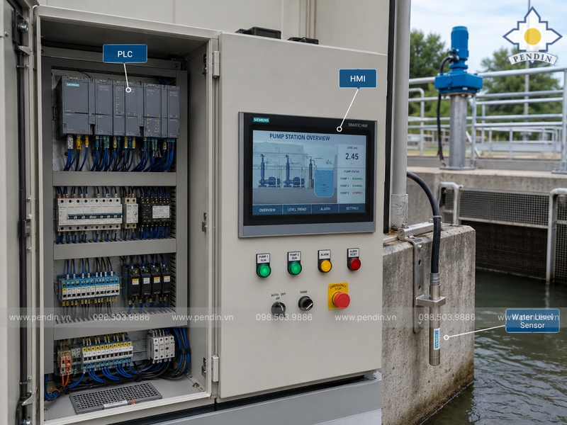 Tủ PLC, cảm biến mực nước và HMI