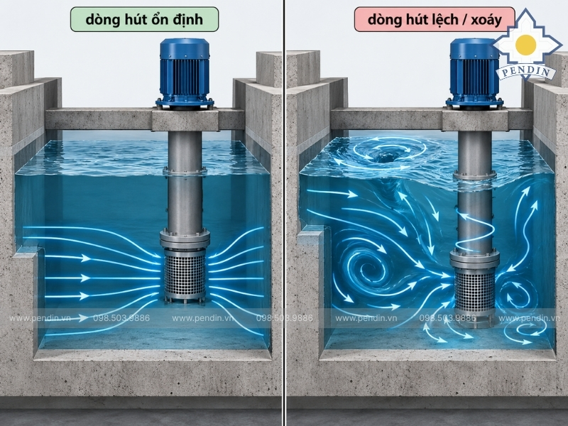 Sơ đồ so sánh dòng hút ổn định và dòng hút lệch_xoáy